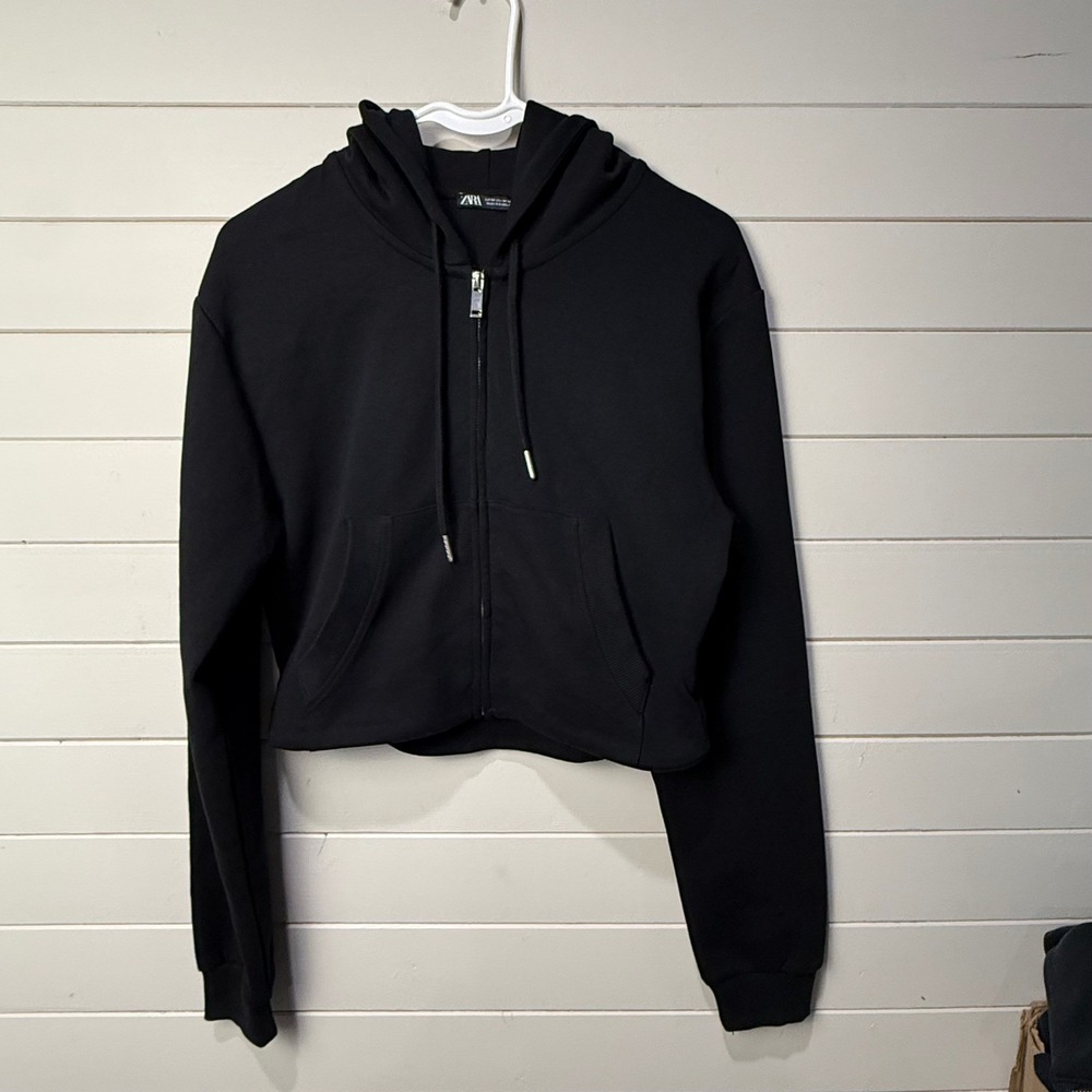 Zara Black Cropped Zip Up Hoodie Sweatshirt Womens Size Medium